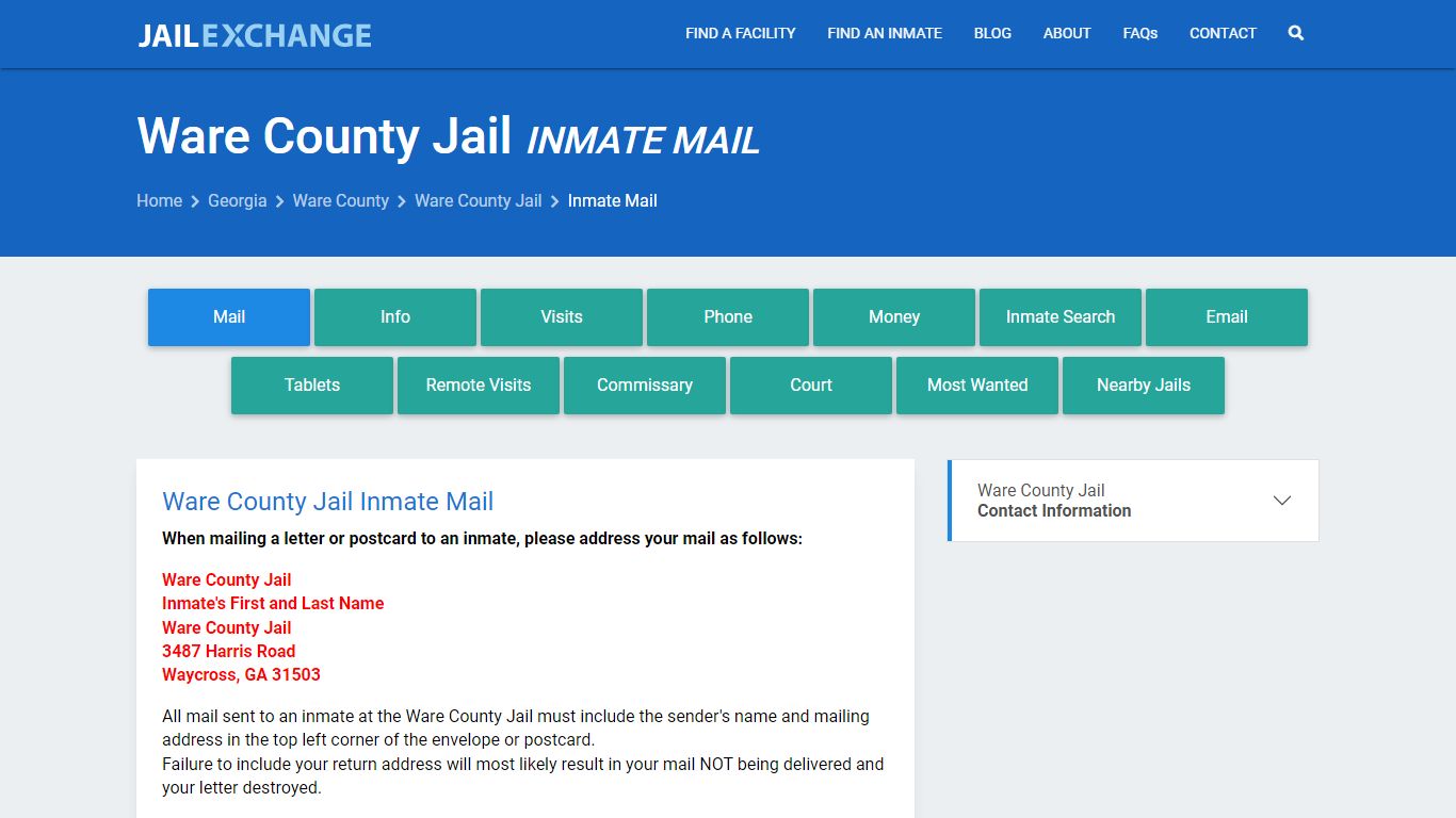 Inmate Mail - Ware County Jail, GA - Jail Exchange